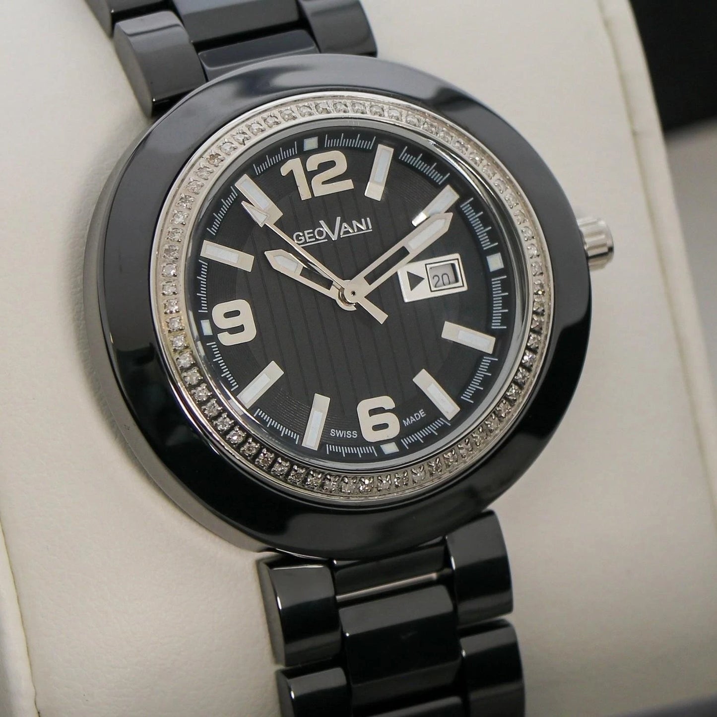 GEOVANI Swiss 34mm Black Ceramic Quartz Watch 3ATM GOL510