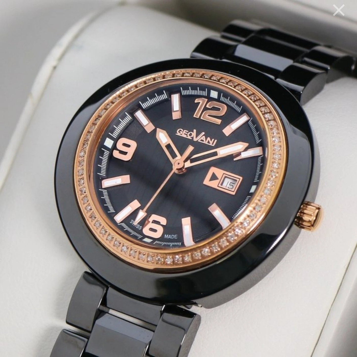 GEOVANI • Swiss Watch • Black Ceramic • 34mm • Quartz • 3ATM • GOL510 • Gemmed