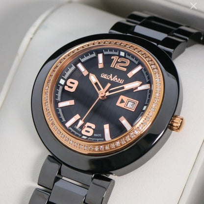 GEOVANI • Swiss Watch • Black Ceramic • 34mm • Quartz • 3ATM • GOL510 • Gemmed