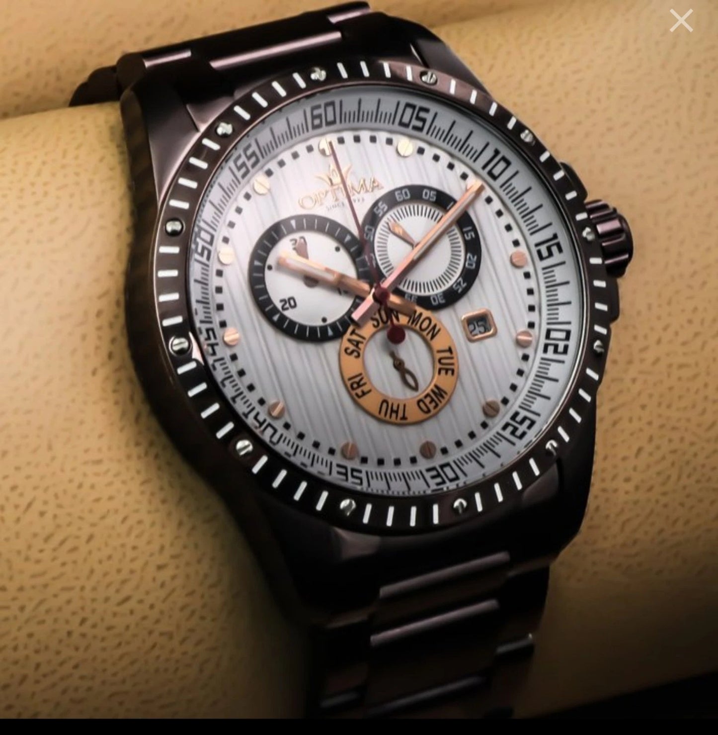 Optima Chocolate Swiss Chronograph Watch 45mm Stainless Steel Quartz 5ATM OSC281