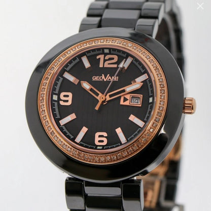 GEOVANI • Swiss Watch • Black Ceramic • 34mm • Quartz • 3ATM • GOL510 • Gemmed