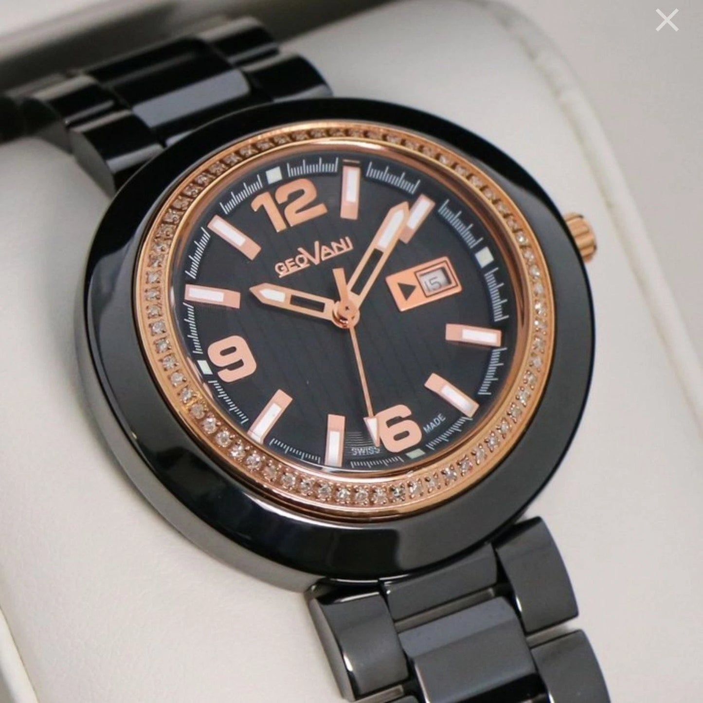 GEOVANI • Swiss Watch • Black Ceramic • 34mm • Quartz • 3ATM • GOL510 • Gemmed