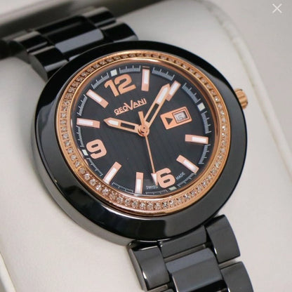 GEOVANI • Swiss Watch • Black Ceramic • 34mm • Quartz • 3ATM • GOL510 • Gemmed