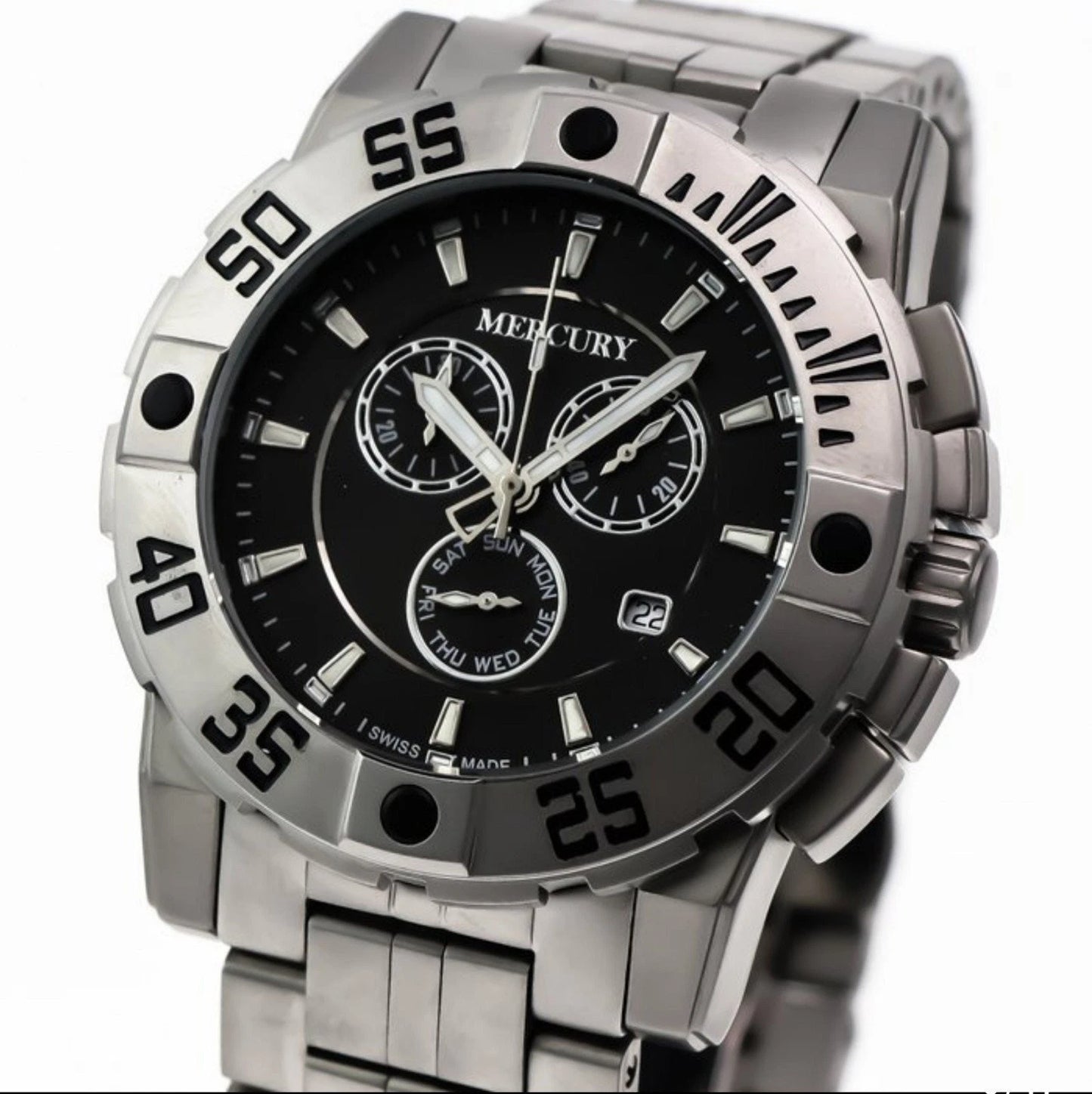 Mercury Swiss 44mm Stainless Steel Quartz Chronograph Watch 5ATM • ME10225