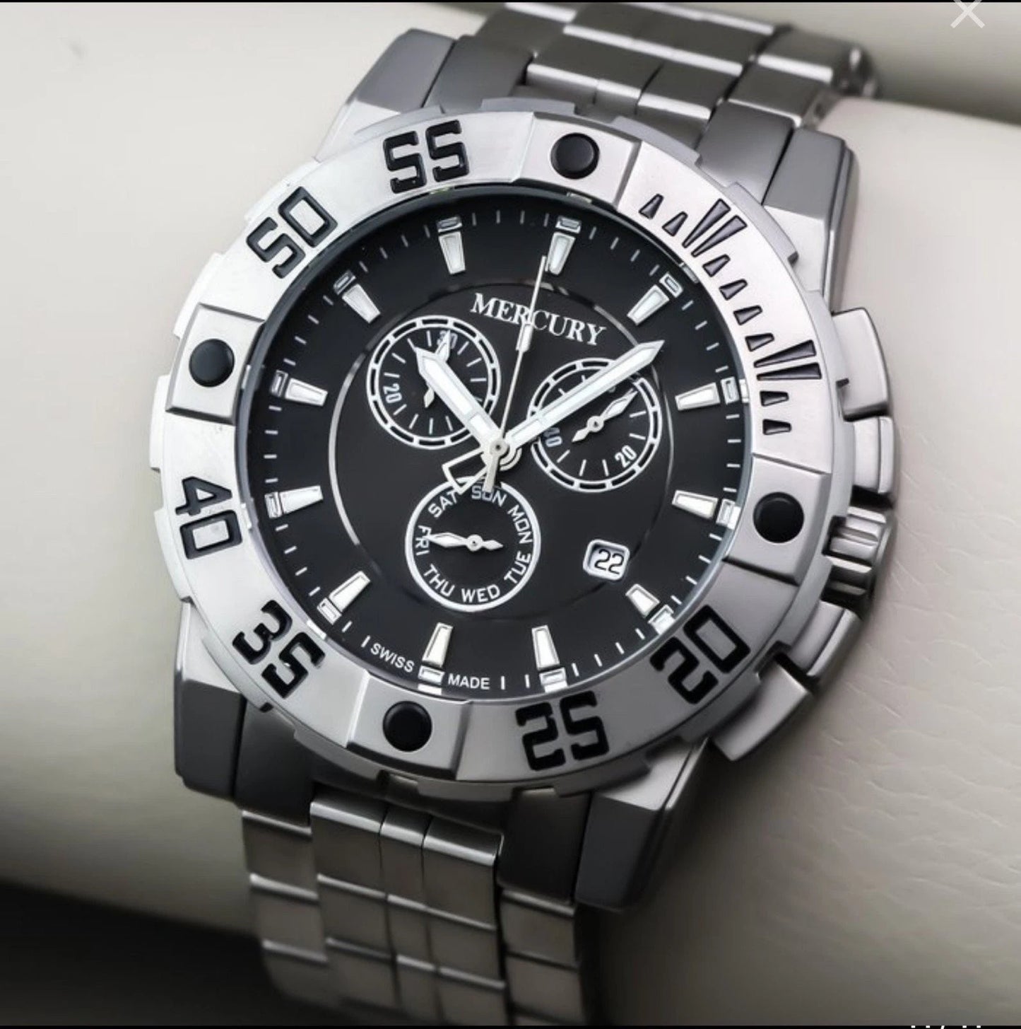 Mercury Swiss 44mm Stainless Steel Quartz Chronograph Watch 5ATM • ME10225