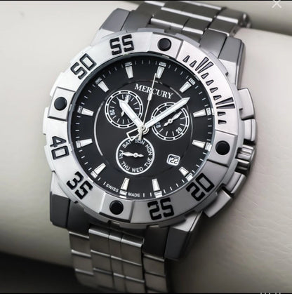 Mercury Swiss 44mm Stainless Steel Quartz Chronograph Watch 5ATM • ME10225
