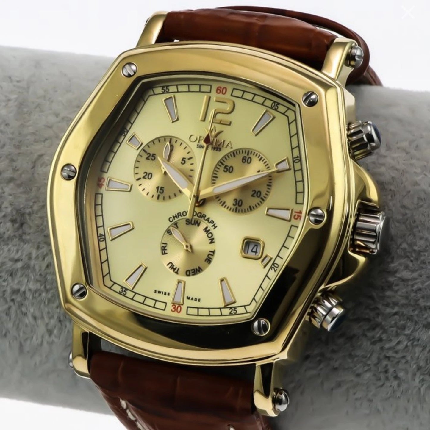 Optima Swiss Chronograph Watch 47x52.4mm PVD Gold & Stainless Steel Quartz 3ATM