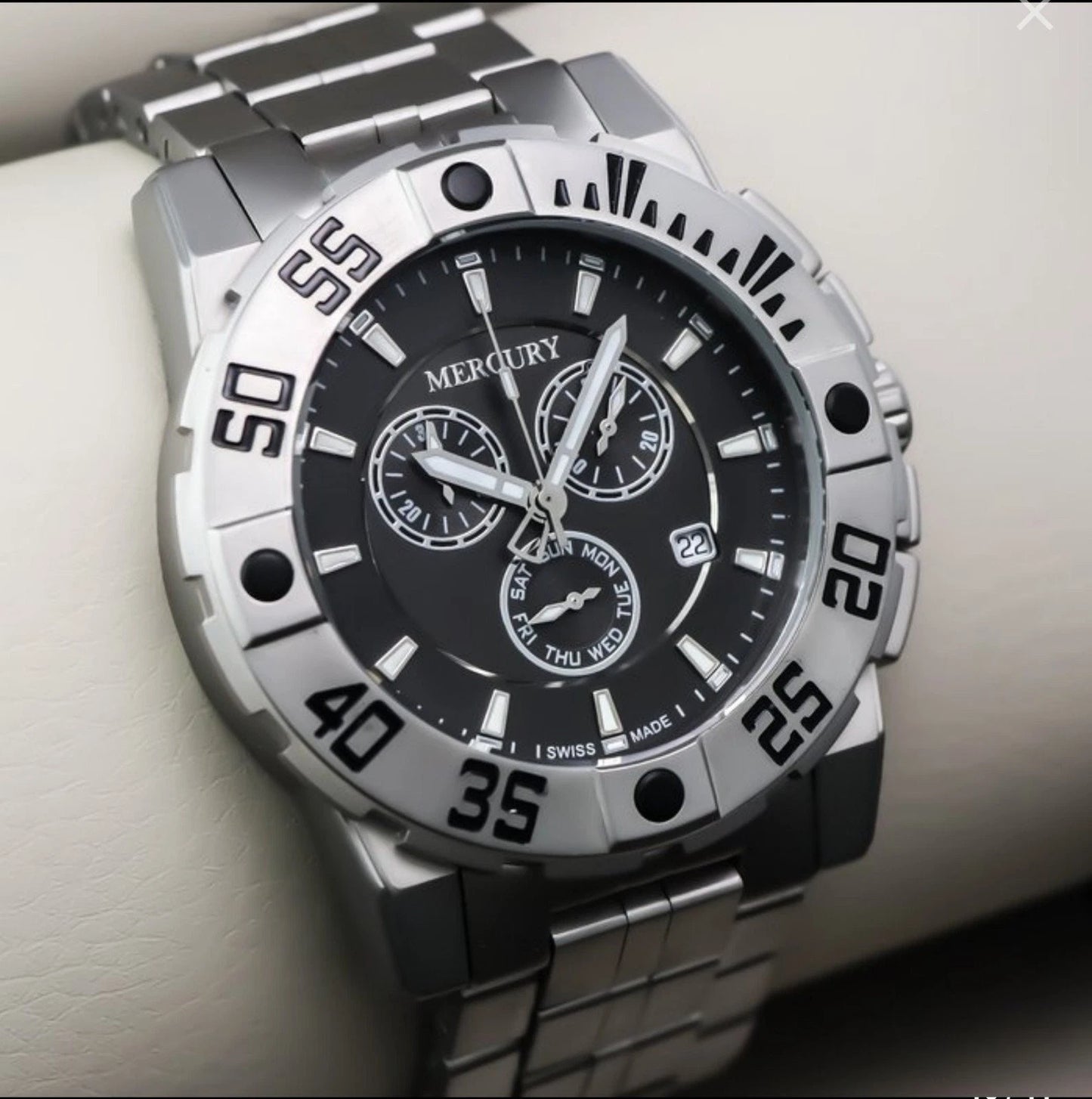 Mercury Swiss 44mm Stainless Steel Quartz Chronograph Watch 5ATM • ME10225