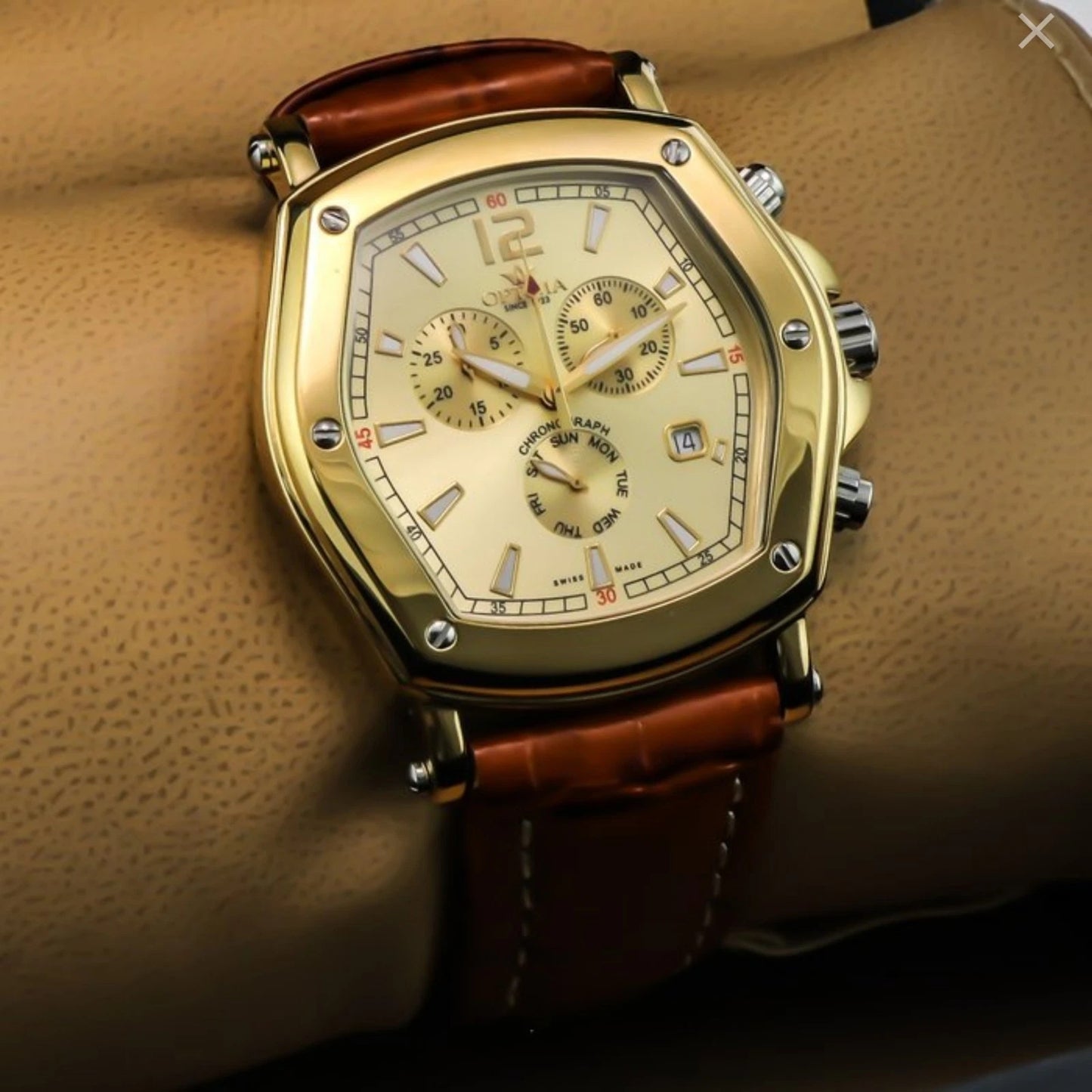 Optima Swiss Chronograph Watch 47x52.4mm PVD Gold & Stainless Steel Quartz 3ATM